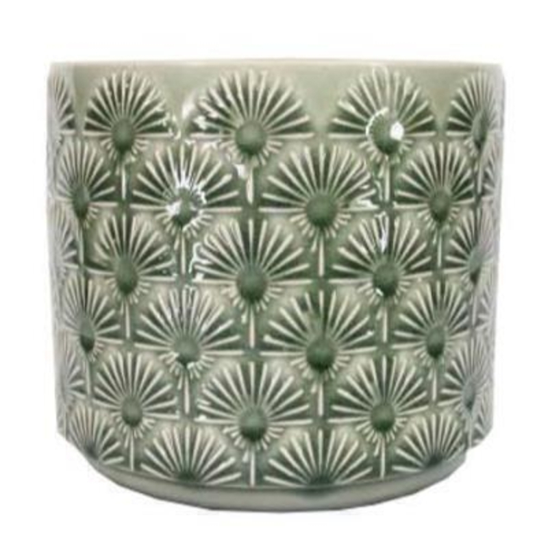 Medium sized Green Fan Ceramic Pot Cover  By the designer Gisela Graham who designs really beautiful gifts for your garden and home. (LxWxD) 15x17x17cm